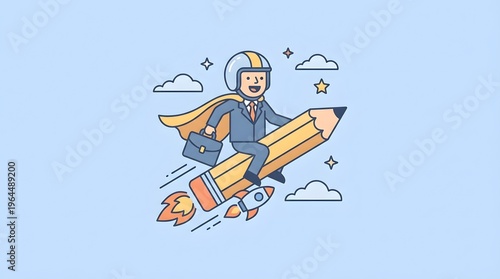 Cartoon businessman in suit and cape rides rocket powered pencil through sky with clouds symbolizing fast progress and creative success
