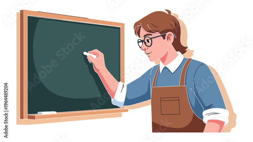 Teacher at Board: A dedicated teacher, his glasses perched, intently writes on a blackboard, sharing knowledge with passion and purpose.