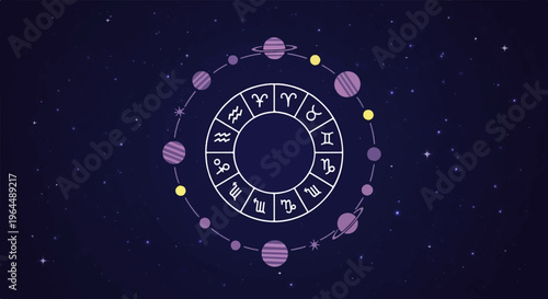 Zodiac wheel with celestial bodies and stars in a cosmic background