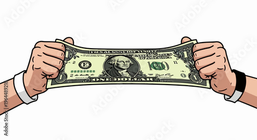 Hands stretching a one-dollar bill horizontally against a white background