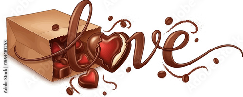 Heart-shaped chocolates spill from a paper bag, forming the word "love.