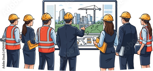 Diverse construction team reviews city planning on digital display