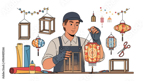 Lantern Maker at Work: The image showcases a craftsman meticulously assembling a traditional lantern, surrounded by various components and tools of his craft. It captures the essence of skill.