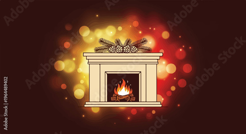 Cozy fireplace with burning logs and pine cones on mantel