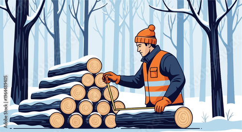 Man measuring logs in snowy forest