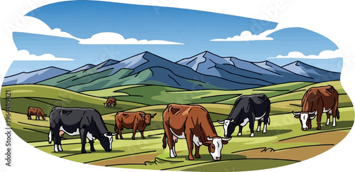 Cows graze peacefully on green hills under a blue sky with mountains