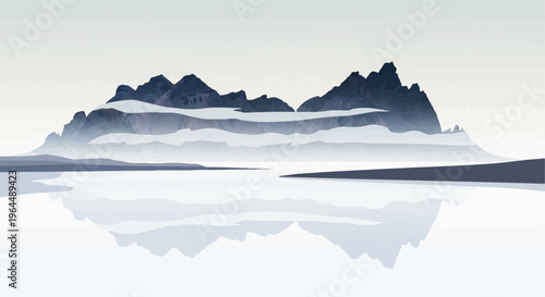 Mist-covered mountains reflected in calm water, tranquil vista