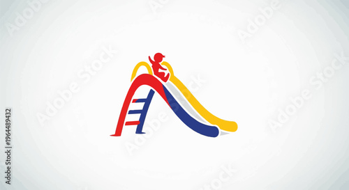 Colorful playground slide with a child figure descending