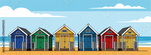 Colorful beach huts lined up on a sandy shore under a cloudy sky