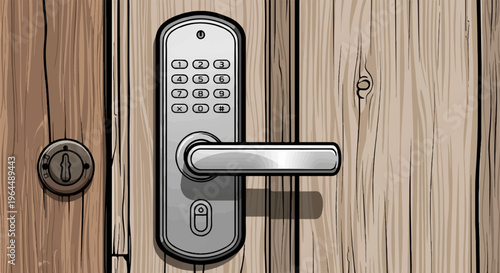 Modern digital keypad lock and classic keyhole on rustic wooden door