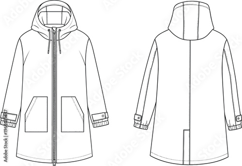Hooded jacket technical drawing, front and back view apparel template, fashion outerwear design for clothing production, pattern making, and garment illustration