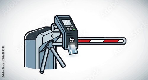 Modern turnstile with card reader and barrier arm, allowing access