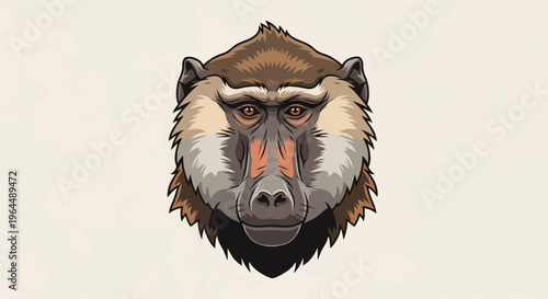 Close-up illustration of a baboon's face with detailed fur and expressive eyes