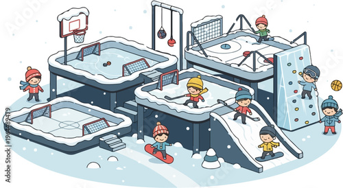 Cartoon children enjoy winter sports and activities in a snowy playground