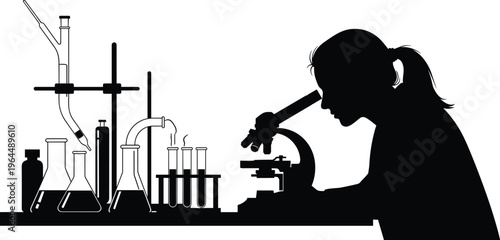 Scientist working with microscope in laboratory silhouette, chemistry experiment setup with glassware and research equipment in black and white vector