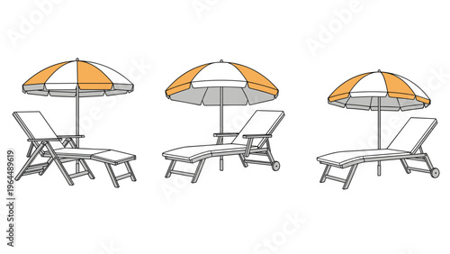 Set of three beach chairs with orange and white umbrellas in different perspectives for vacation and travel designs.