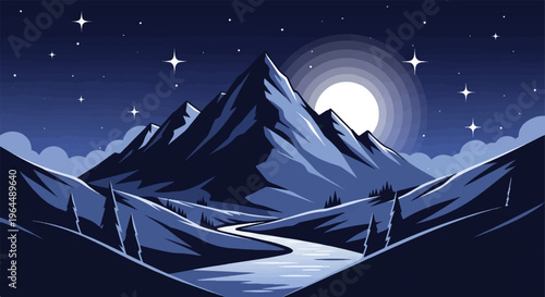 Pixel art night landscape with moonlit mountains, winding river, and starry sky