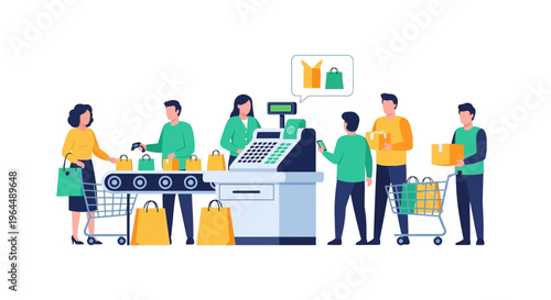Customers at Retail Store Checkout with Cashier and Modern Payment Options - Flat Vector Illustration