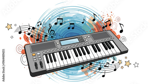 Electronic keyboard with musical notes and colorful abstract splashes and stars for energetic music themes.