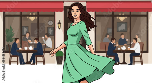 A woman in a flowing dress walks past a cafe with people enjoying drinks