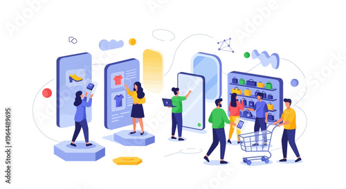 Mobile E-commerce & Online Shopping Concept: Diverse Shoppers Browsing Products on Digital Marketplaces, Making Purchases via Smartphone Apps. Modern Flat Vector.