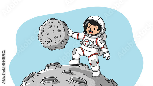 Cute cartoon illustration of an astronaut standing on a cratered moon and touching a floating asteroid in space.