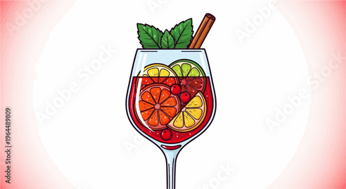 A refreshing drink with citrus slices, berries, mint, and cinnamon stick