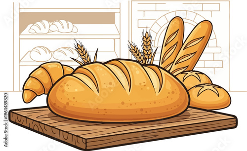 Rustic bread selection on wooden board with bakery background