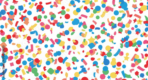 A scattered, colorful mix of shapes including circles, rectangles, and stars
