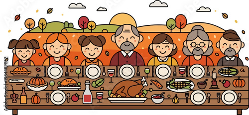 A multi-generational family enjoys a bountiful Thanksgiving feast at a long table
