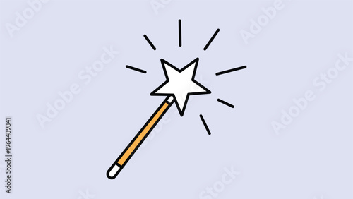 Simple illustration of a magic wand with a white star on top and rays on a light purple background for fantasy themes.
