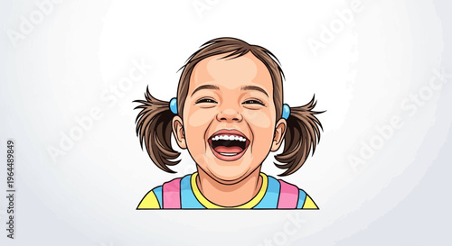 A joyful young girl with pigtails and a wide, toothy smile, wearing a colorful shirt
