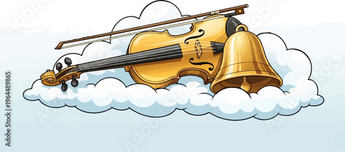 A golden violin and bell rest on fluffy clouds against a sky blue background