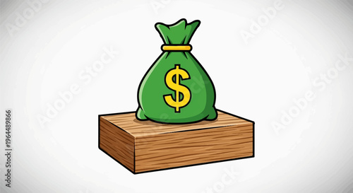 A green money bag with a dollar sign sits on a wooden block