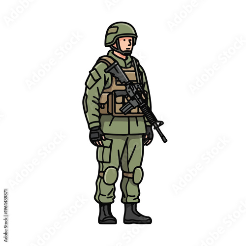Soldier in green tactical gear holding a rifle standing upright