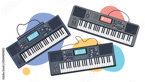 Set of three electronic keyboards or synthesizers in different colors on an abstract background for music design.