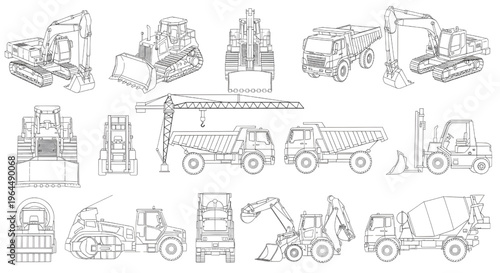 Construction Vehicle Vector Set – Heavy Machinery AutoCAD Blueprint Multiview Orthographic Technical Drawing