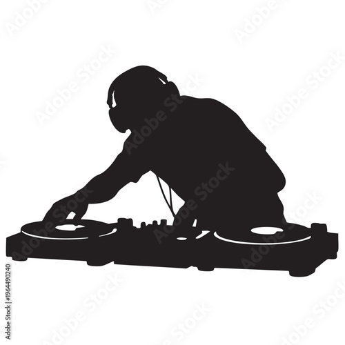 DJ silhouette mixing music on turntable decks for underground electronic party or club.