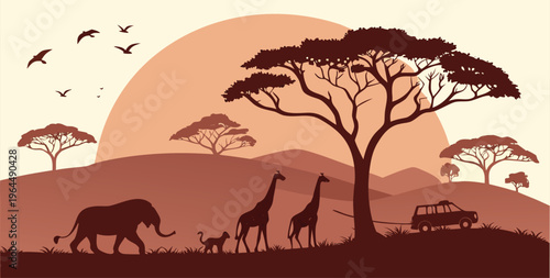 Minimalist African safari landscape with wild animal silhouettes vector.