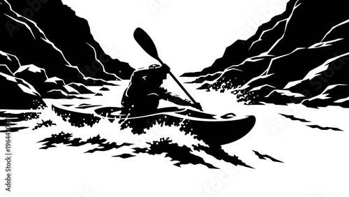 Kayaker navigating whitewater rapids in a narrow canyon, black and white illustration