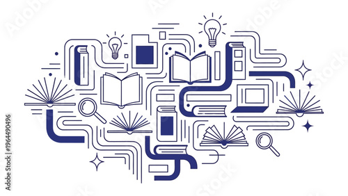 Knowledge's Blueprint: A stylized illustration weaves together the tools of learning and discovery, showcasing books, lightbulbs.