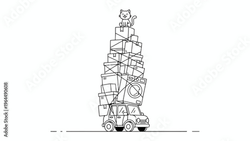 Overloaded car carrying boxes and cat for relocation line art