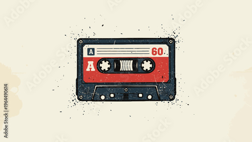 Retro Audio Cassette Tape Illustration on Grungy Paper Background