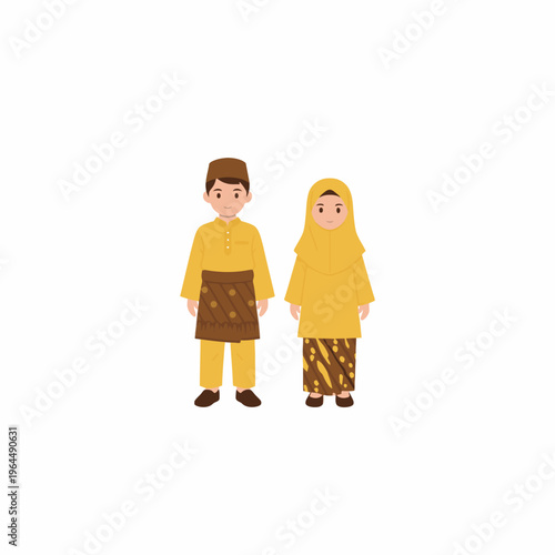 Muslim Malay Couple in Yellow Traditional Baju Melayu and Kurung