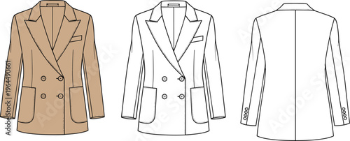 Technical fashion illustration of tailored double‑breasted blazer with lapels, buttons, pockets, and seams, shown in front and back views, perfect for garment design, apparel artwork, and pattern