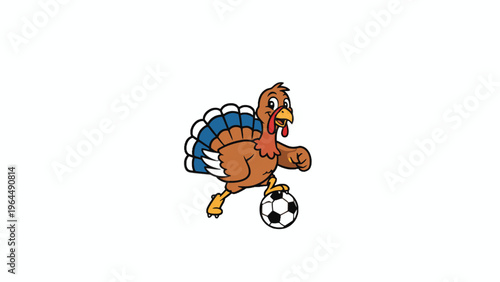 Soccer turkey mascot stepping on football ball isolated on white