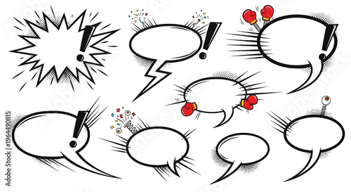 A set of comic speech bubbles and prank captions, including 'Gotcha!', 'No way!', and 'Just kidding!', for designer assets and templates with a funny and playful mood