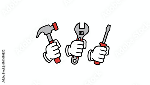 Gloved cartoon hands holding hammer wrench and screwdriver