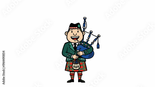 Bagpiper character playing instrument in traditional Scottish kilt