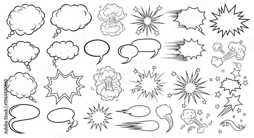 A collection of black and white comic speech bubbles and prank speech bubble sets with various captions like 'Gotcha!', 'No way!', and 'Just kidding!' for reusable designer assets